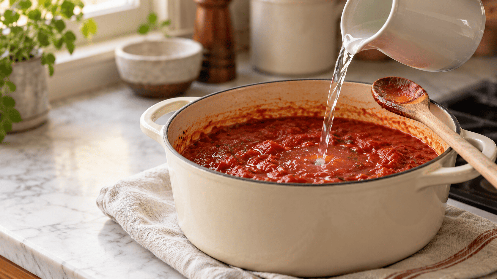 How to Fix a Sauce That Is Too Salty 1 How to Fix a Sauce That Is Too Salty Clear liquid being poured from a white jug into red sauce in a cream-colored pot, with a wooden spoon resting on the rim.