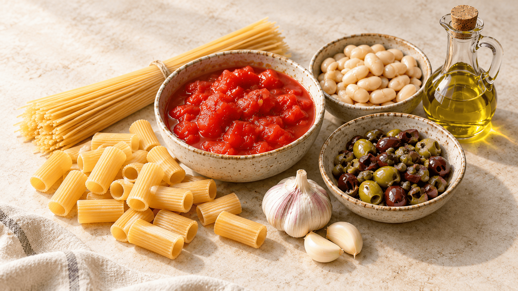 AI-created realistic pantry ingredient still life on cream stone: dry spaghetti and rigatoni, bowls of chopped tinned tomatoes, white cannellini beans, pitted olives and capers, a garlic bulb with two peeled cloves, and an olive-oil cruet. A cream linen cloth lies at lower left. No text or finished pasta dish.